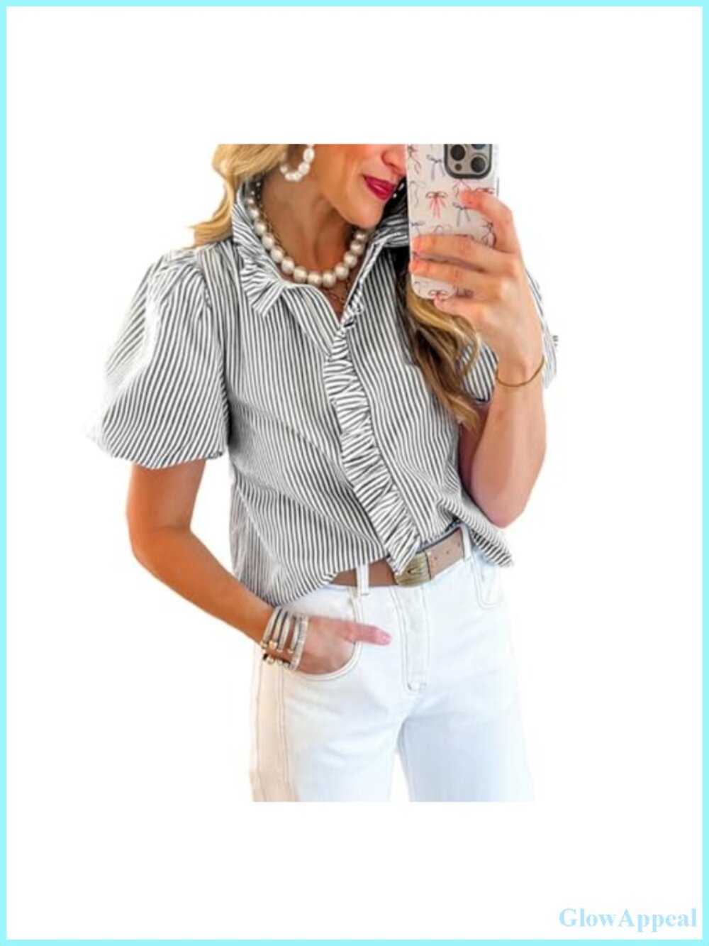 Women's Cotton Striped Button Down Ruffle Mock Neck Shirt